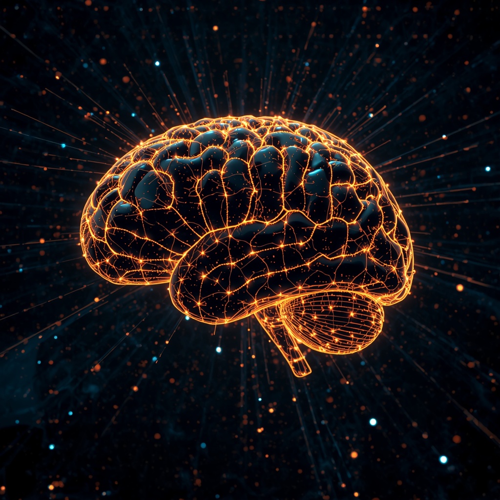 A futuristic glowing artificial intelligence brain neural network over a dark abstract digital grid background, cinematic lighting, 8k resolution, highly detailed, no people